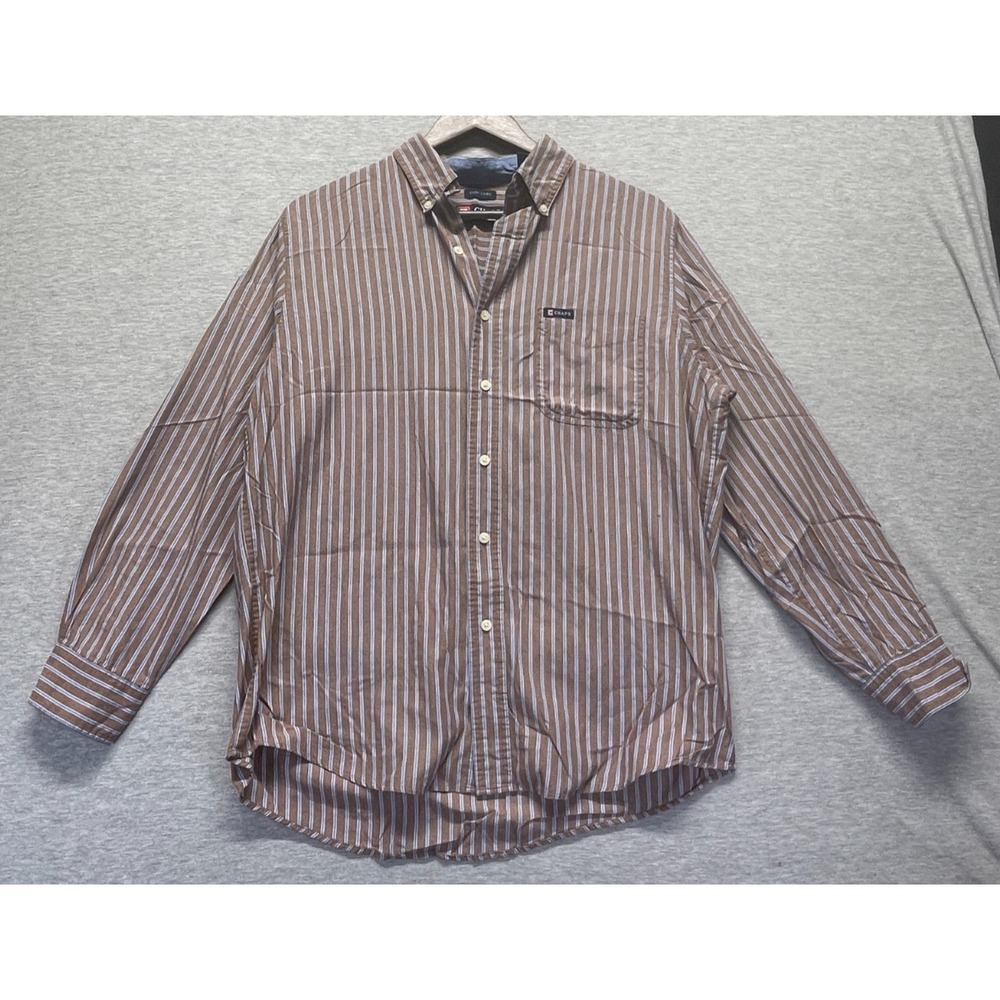 Chaps Easy Care Shirt Mens Medium Brown Blue Vertical Striped Cotton Button Down